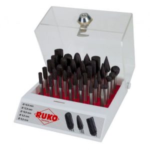 Ruko-116008TC-Surtido de 35 fresas de metal duro TiCN con vástago de 6 mm en vitrina de plástico
