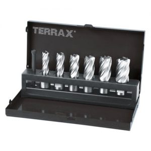 Terrax-A108820-Juego de 7 brocas huecas con vástago Weldon de 19 mm (6 brocas huecas + 1 guía-expulsor)