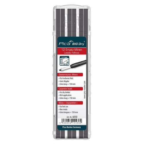 Pica-6050/SB-Estuche con 12 minas de carpintero BIG-Dry de grafito 2H (blister)