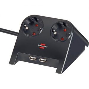 Brennenstuhl-1153500222-Base múltiple de sobremesa con 2 tomas y 2 puertos USB (color negro)