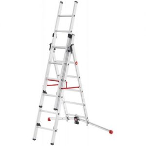 Hailo-9306-507-Escalera aluminio combinada 3 tramos con estabilizador curvo ProfiLOT Combi (2x6 + 1x5 peldaños)