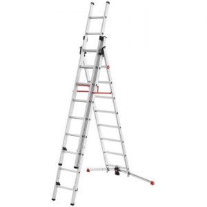 Hailo-9309-507-Escalera aluminio combinada 3 tramos con estabilizador curvo ProfiLOT Combi (2x9 + 1x8 peldaños)