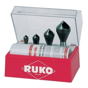 Ruko-102310E-Juego de 4 avellanadores-desbarbadores HSS-Co 5 + spray de corte 50 ml